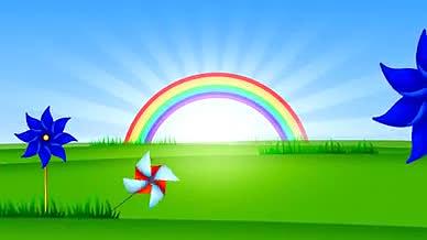 彩虹风车花朵草地儿童节卡通都背景视频的预览图